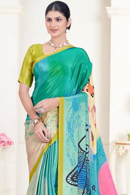 Blue Crepe Soft Silk Designer Digital Printed Girlie Fashion Looks Classy Partywear Saree 2