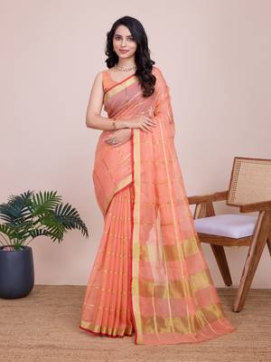 Orange Traditional Kota Doriya c Weaving zari Festive Rajasthani Festive Saree 1