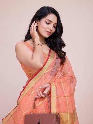 Orange Traditional Kota Doriya c Weaving zari Festive Rajasthani Festive Saree 3