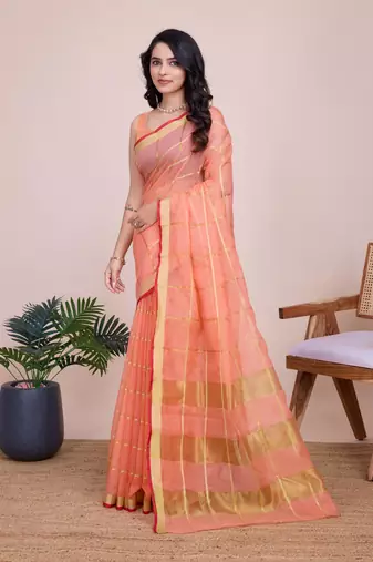 Orange Traditional Kota Doriya c Weaving zari Festive Rajasthani Festive Saree