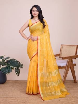 Yellow Traditional Kota Doriya c Weaving zari Festive Rajasthani Festive Saree 1