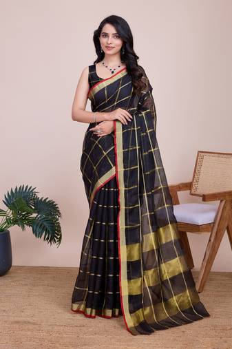Black Traditional Kota Doriya c Weaving Jari Designer Festive Rajasthani Festive Saree