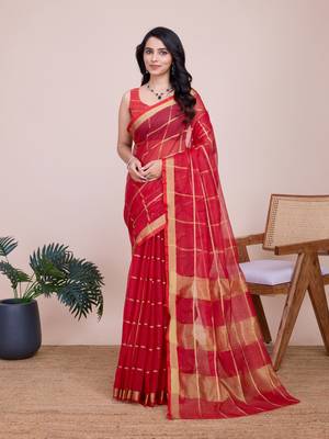 Red Traditional Kota Doriya c Weaving zari Festive Rajasthani Festive Saree 1