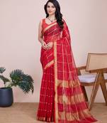 Red Traditional Kota Doriya c Weaving Jari Festive Rajasthani Festive Saree