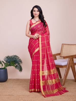 Pink Traditional Kota Doriya c Weaving zari Festive Rajasthani Festive Saree 1