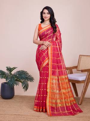 Pink Kota Doriya c Weaving zari Traditioanlly Rich Trendy Festive Indian Saree 1