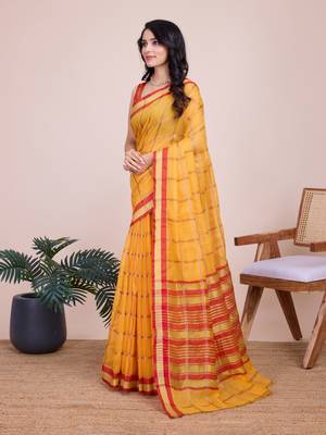 Yellow Kota Doriya c Weaving zari Traditioanlly Rich Trendy Festive Indian Saree 1