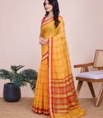 Yellow Kota Doriya c Weaving Jari Traditioanlly Rich Trendy Festive Indian Saree