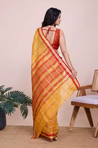 Yellow Kota Doriya c Weaving zari Traditioanlly Rich Trendy Festive Indian Saree