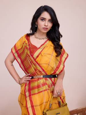 Yellow Kota Doriya c Weaving zari Traditioanlly Rich Trendy Festive Indian Saree 3
