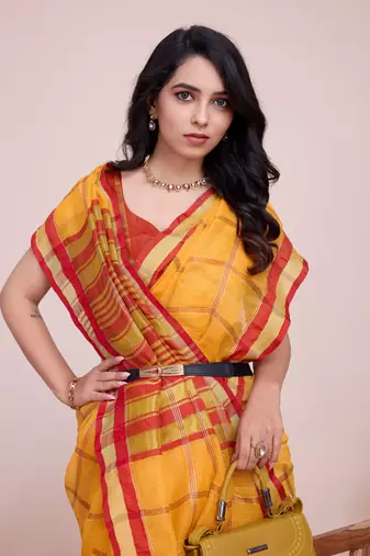 Yellow Kota Doriya c Weaving zari Traditioanlly Rich Trendy Festive Indian Saree