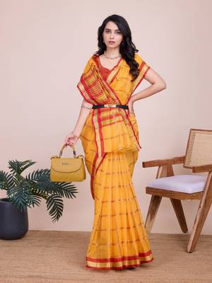 Yellow Kota Doriya c Weaving zari Traditioanlly Rich Trendy Festive Indian Saree 5