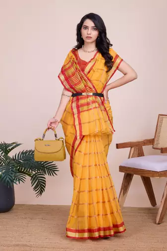 Yellow Kota Doriya c Weaving zari Traditioanlly Rich Trendy Festive Indian Saree
