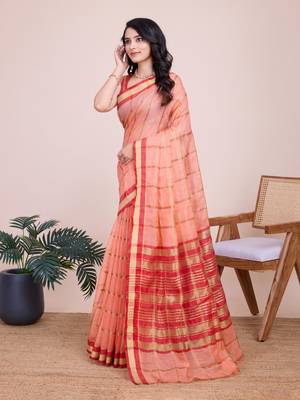 Peach Kota Doriya c Weaving zari Traditioanlly Rich Trendy Festive Indian Saree 5
