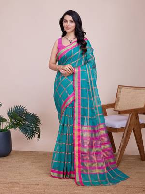 Sea Green Kota Doriya c Weaving zari Traditioanlly Rich Trendy Festive Indian Saree 1