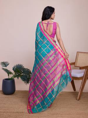 Sea Green Kota Doriya c Weaving zari Traditioanlly Rich Trendy Festive Indian Saree 2