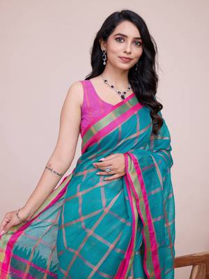 Sea Green Kota Doriya c Weaving zari Traditioanlly Rich Trendy Festive Indian Saree 3