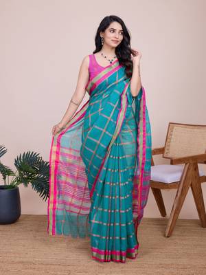 Sea Green Kota Doriya c Weaving zari Traditioanlly Rich Trendy Festive Indian Saree 5