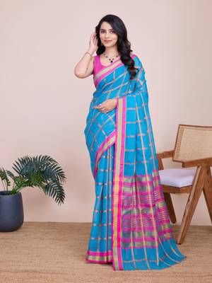 Turquoise Kota Doriya c Weaving zari Traditioanlly Rich Trendy Festive Indian Saree 1
