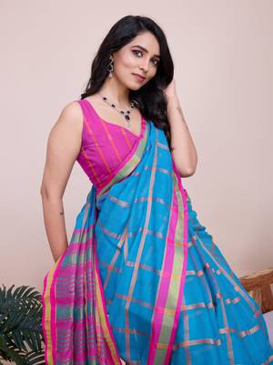 Turquoise Kota Doriya c Weaving zari Traditioanlly Rich Trendy Festive Indian Saree 3
