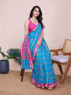 Turquoise Kota Doriya c Weaving zari Traditioanlly Rich Trendy Festive Indian Saree 5