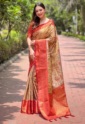 Beige Silk Woven Meenakari Heavy Looks Rich Traditional Ethnic Ceremonial Saree 1