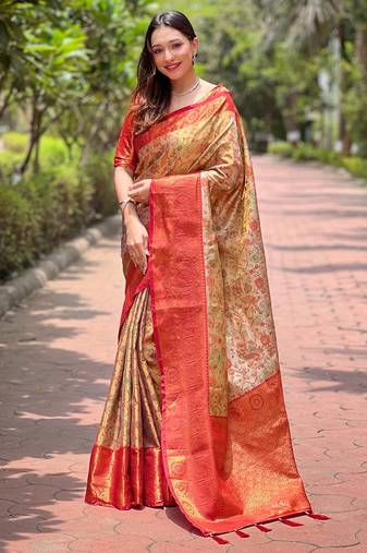 Beige Silk Woven Meenakari Designer Heavy Looks Rich Traditional Ethnic Ceremonial Saree