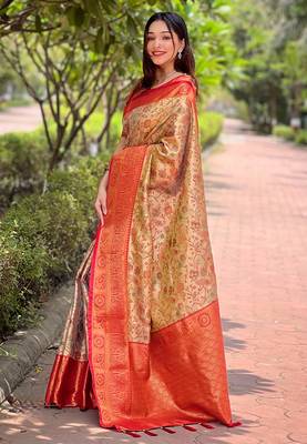 Beige Silk Woven Meenakari Heavy Looks Rich Traditional Ethnic Ceremonial Saree 3