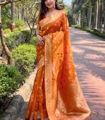 Orange Organza Trendy Girlie Style Woven Jari Designer Ethnic Partywear Graceful Saree