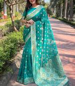 Sea Green Organza Trendy Girlie Style Woven Jari Designer Ethnic Partywear Graceful Saree
