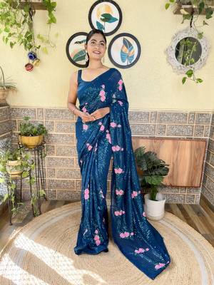 Teal Georgette Thread And Sequin Embroidery Work Girlie Looks Style Ethnic Saree 1
