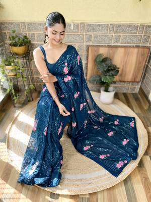 Teal Georgette Thread And Sequin Embroidery Work Girlie Looks Style Ethnic Saree 2