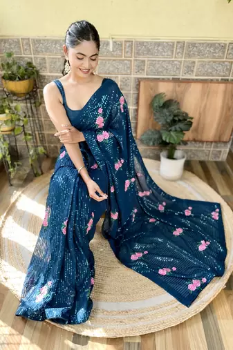 Teal Georgette Thread And Sequin Embroidery Work Girlie Looks Style Ethnic Saree