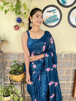 Teal Georgette Thread And Sequin Embroidery Work Girlie Looks Style Ethnic Saree 3