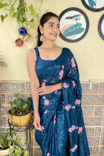 Teal Georgette Thread And Sequin Embroidery Work Girlie Looks Style Ethnic Saree