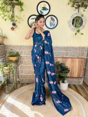 Teal Georgette Thread And Sequin Embroidery Work Girlie Looks Style Ethnic Saree 4