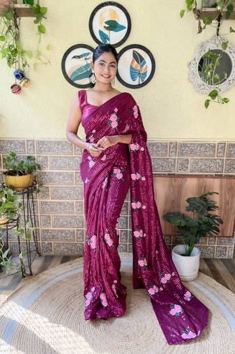Wine Georgette Thread And Sequance Embroidery Work Girlie Looks Bollywood Style Ethnic Saree