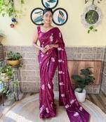 Wine Georgette Thread And Sequance Embroidery Work Girlie Looks Bollywood Style Ethnic Saree