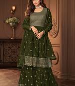 Olive green embroidered georgette semi stitched anarkali palazzo suit.