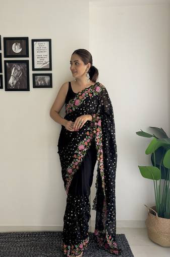 Black Georgette Thread And Sequance Embroidery Work Girlie Ceremonial Saree