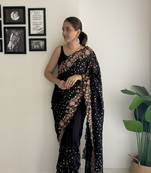 Black Georgette Thread And Sequance Embroidery Work Girlie Ceremonial Saree