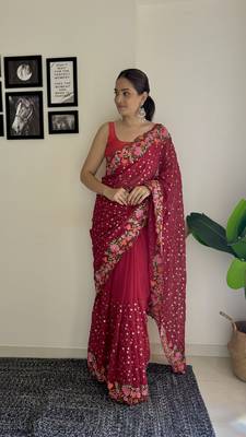 Maroon Georgette Thread And Sequin Embroidery Work Girlie Ceremonial Saree 1