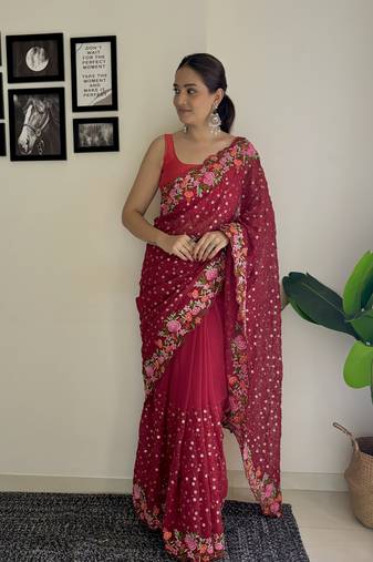 Maroon Georgette Thread And Sequance Embroidery Work Girlie Ceremonial Saree