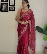 Maroon Georgette Thread And Sequance Embroidery Work Girlie Ceremonial Saree