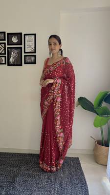 Maroon Georgette Thread And Sequin Embroidery Work Girlie Ceremonial Saree 4