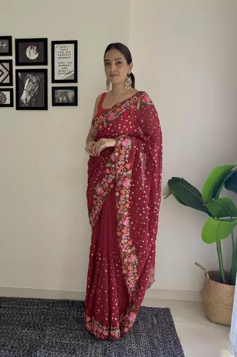 Maroon Georgette Thread And Sequin Embroidery Work Girlie Ceremonial Saree