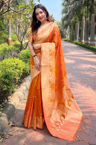 Orange Organza Woven Rainbow Jari Designer Ceremonial Wear Heavy Classy Looks Ethnic Indian Saree