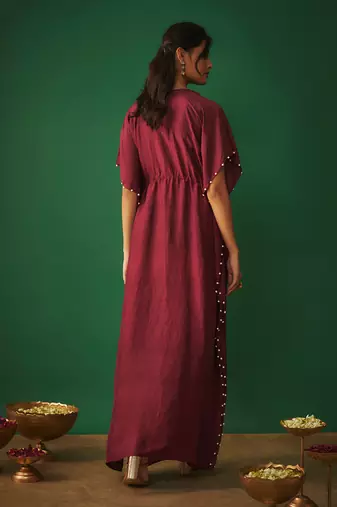 Deep red kaftan with pearls