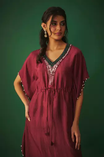Deep red kaftan with pearls
