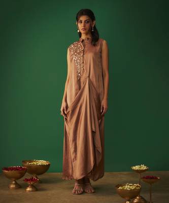 Coffee brown mukaish embroidered draped gown 1